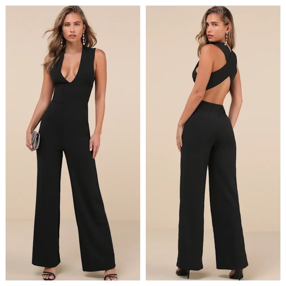 Lulu's Thinking Out Loud Sleeveless Criss Cross Backless Jumpsuit Black Small - Picture 2 of 13
